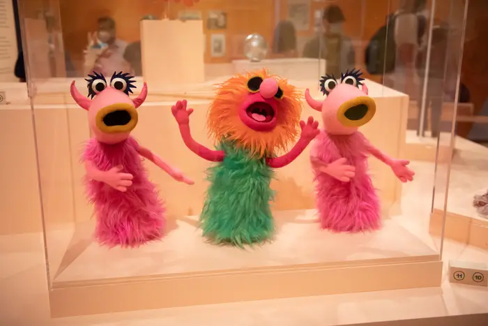 A photo of Muppets Mahna Mahna and the Snowths on display at the 'Puppets of New York' exhibition at Museum of the City of New York  in 2021
